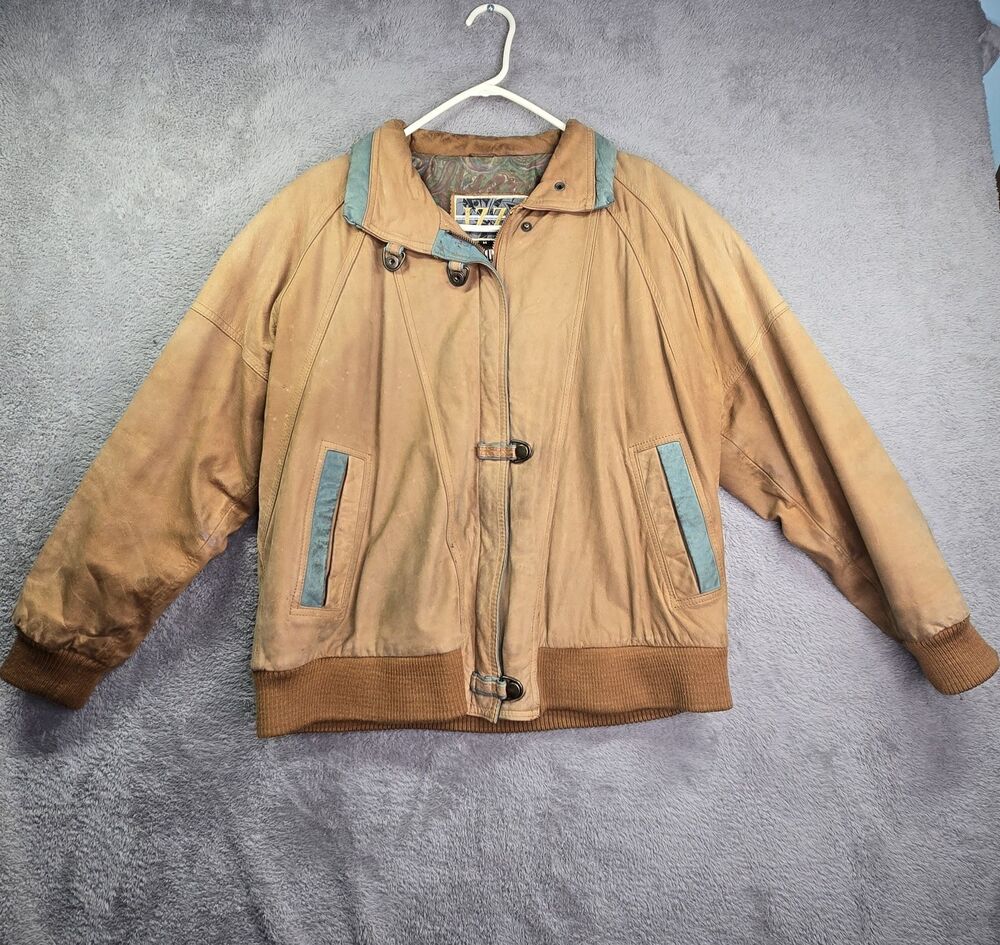 Vintage IZZI Brown Tan Genuine Leather Bomber Jacket 80s 90s Era Size Medium